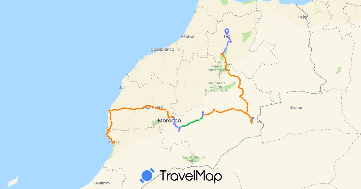 TravelMap itinerary: driving, bus, grand taxi, stop in Morocco (Africa)